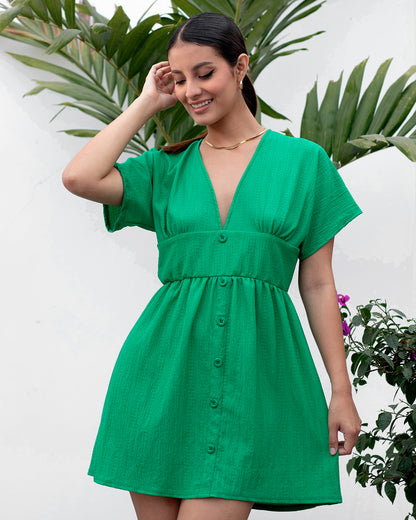 VESTIDO CASUAL CON ESCOTE V KAORI VERDE - Kunca