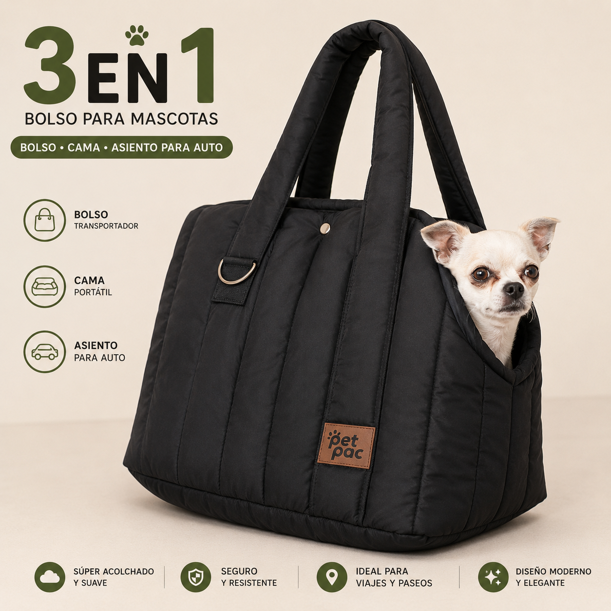 Bolso para Mascotas 3 en 1 Premium | Cama, Transportador y Asiento para Auto