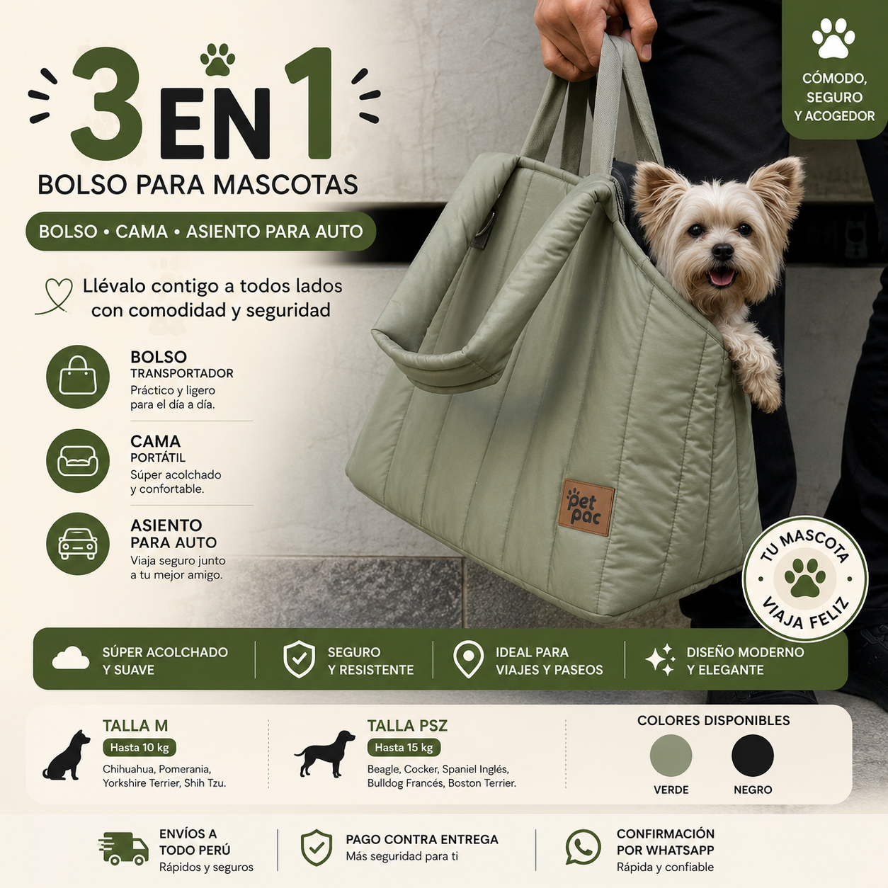 Bolso para Mascotas 3 en 1 Premium | Cama, Transportador y Asiento para Auto