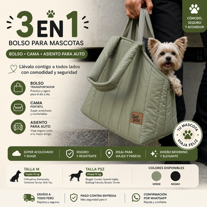 Bolso para Mascotas 3 en 1 Premium | Cama, Transportador y Asiento para Auto