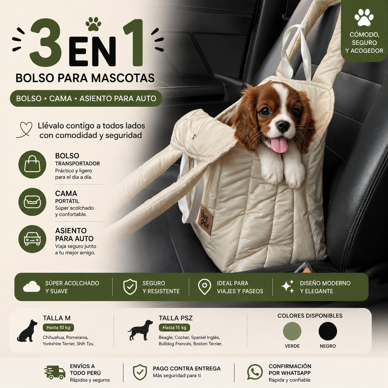 Bolso para Mascotas 3 en 1 Premium | Cama, Transportador y Asiento para Auto