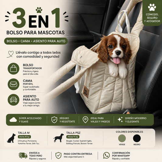 Bolso para Mascotas 3 en 1 Premium | Cama, Transportador y Asiento para Auto