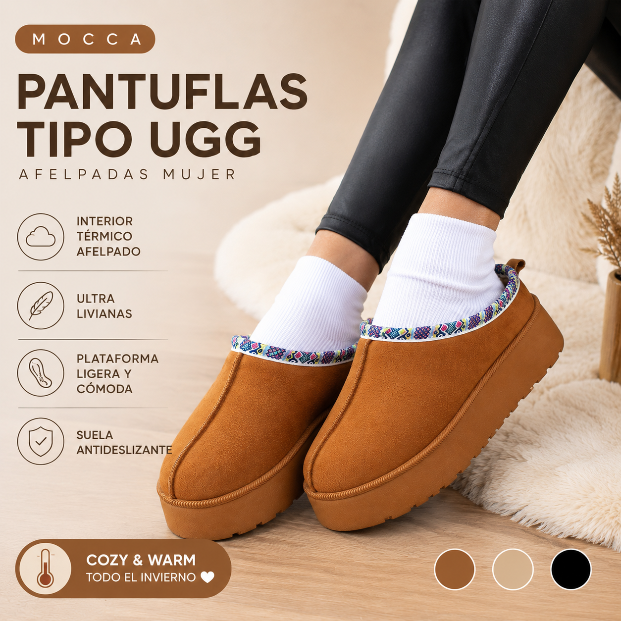 Pantuflas Tipo UGG Afelpadas Mujer | Mocca | Negro | Beige | Tamara