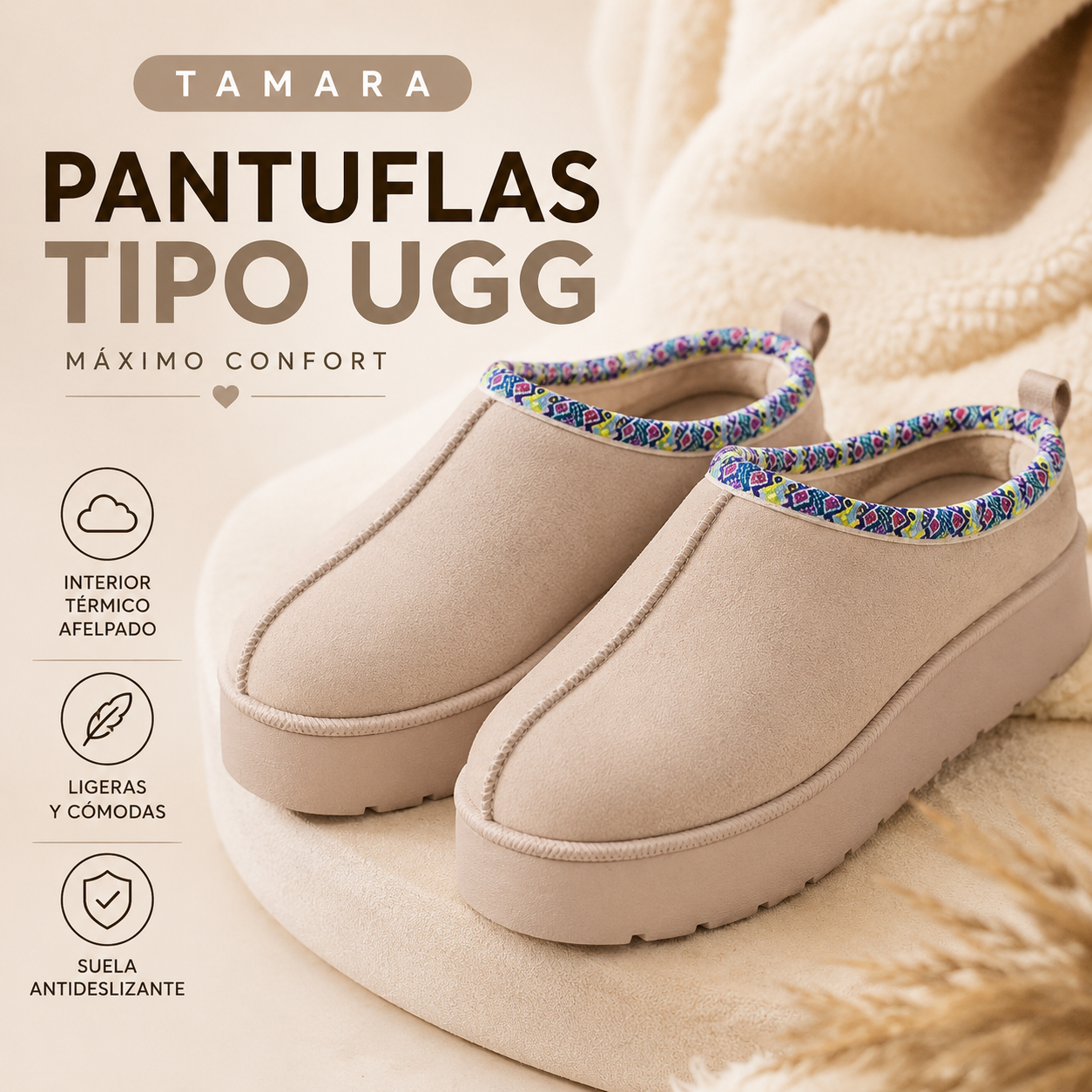 Pantuflas Tipo UGG Afelpadas Mujer | Mocca | Negro | Beige | Tamara