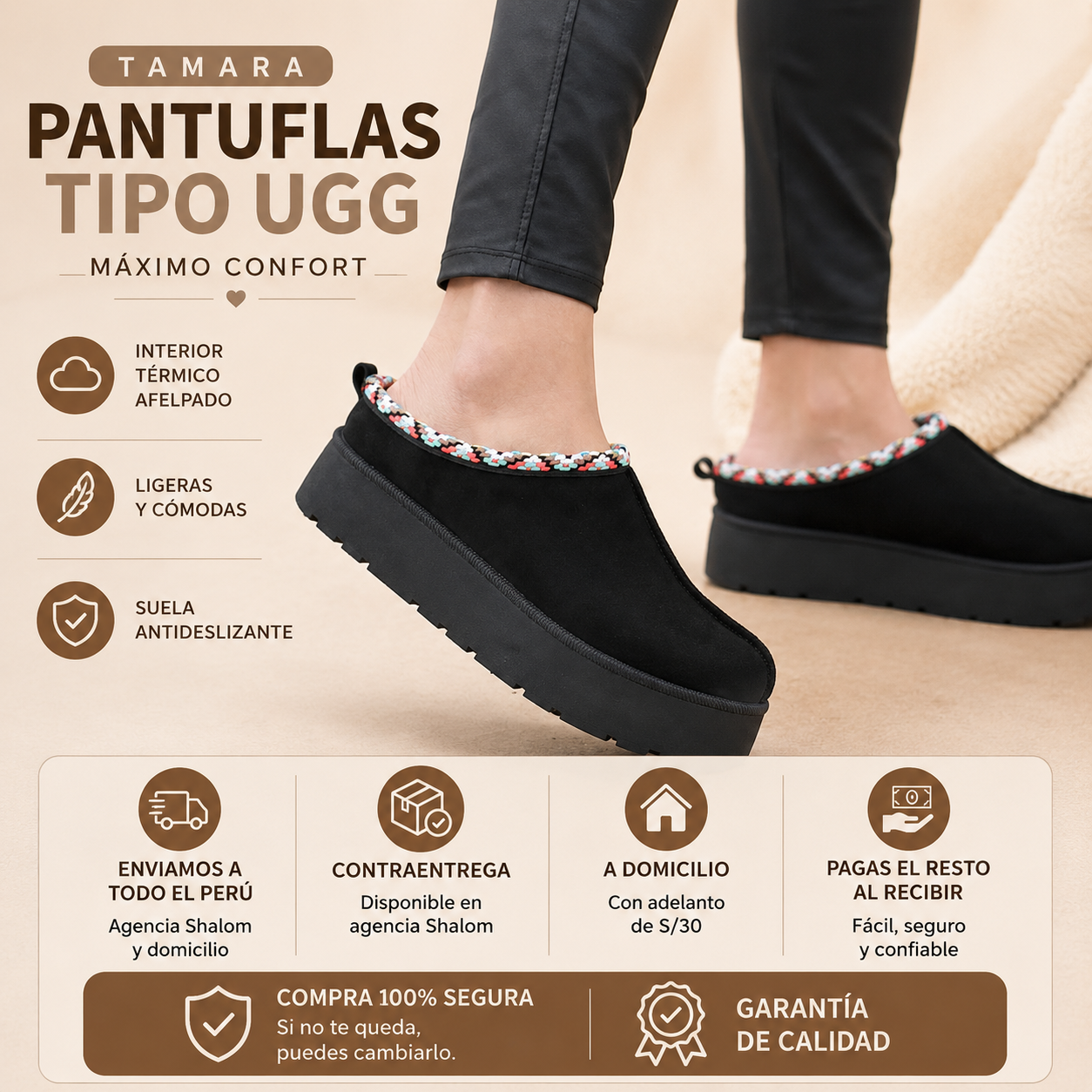 Pantuflas Tipo UGG Afelpadas Mujer | Mocca | Negro | Beige | Tamara